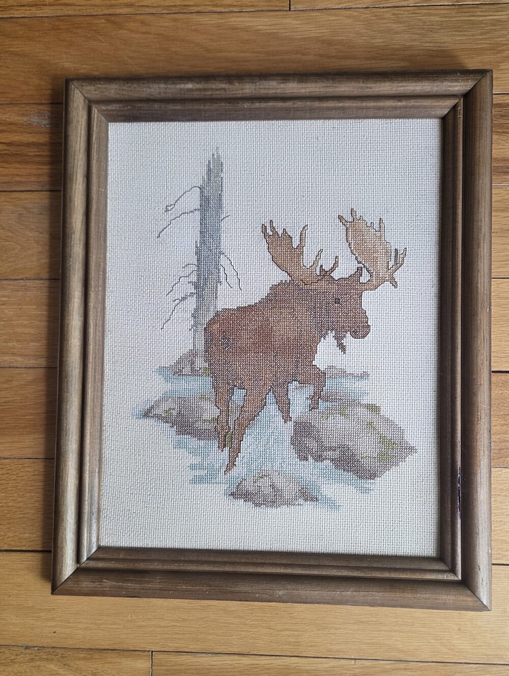 Vintage‎ Framed Cross-Stitch Moose Wall Art in Brown and Cream